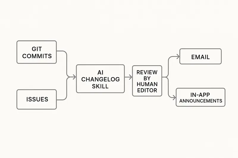Diagram of an automated changelog workflow from git to AI to multi-channel publish