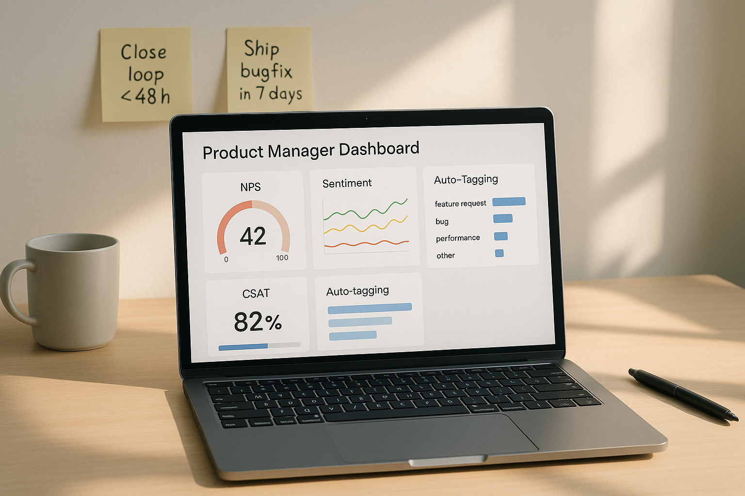AI feedback dashboard scene with NPS, CSAT, sentiment trends, and auto‑tagging