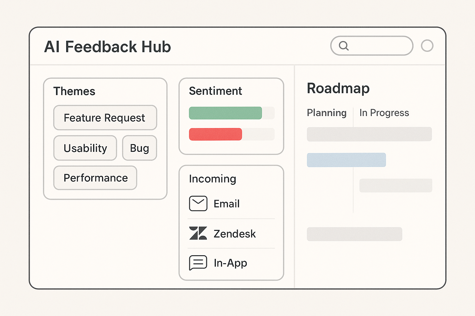 Minimal, modern AI feedback hub dashboard illustration