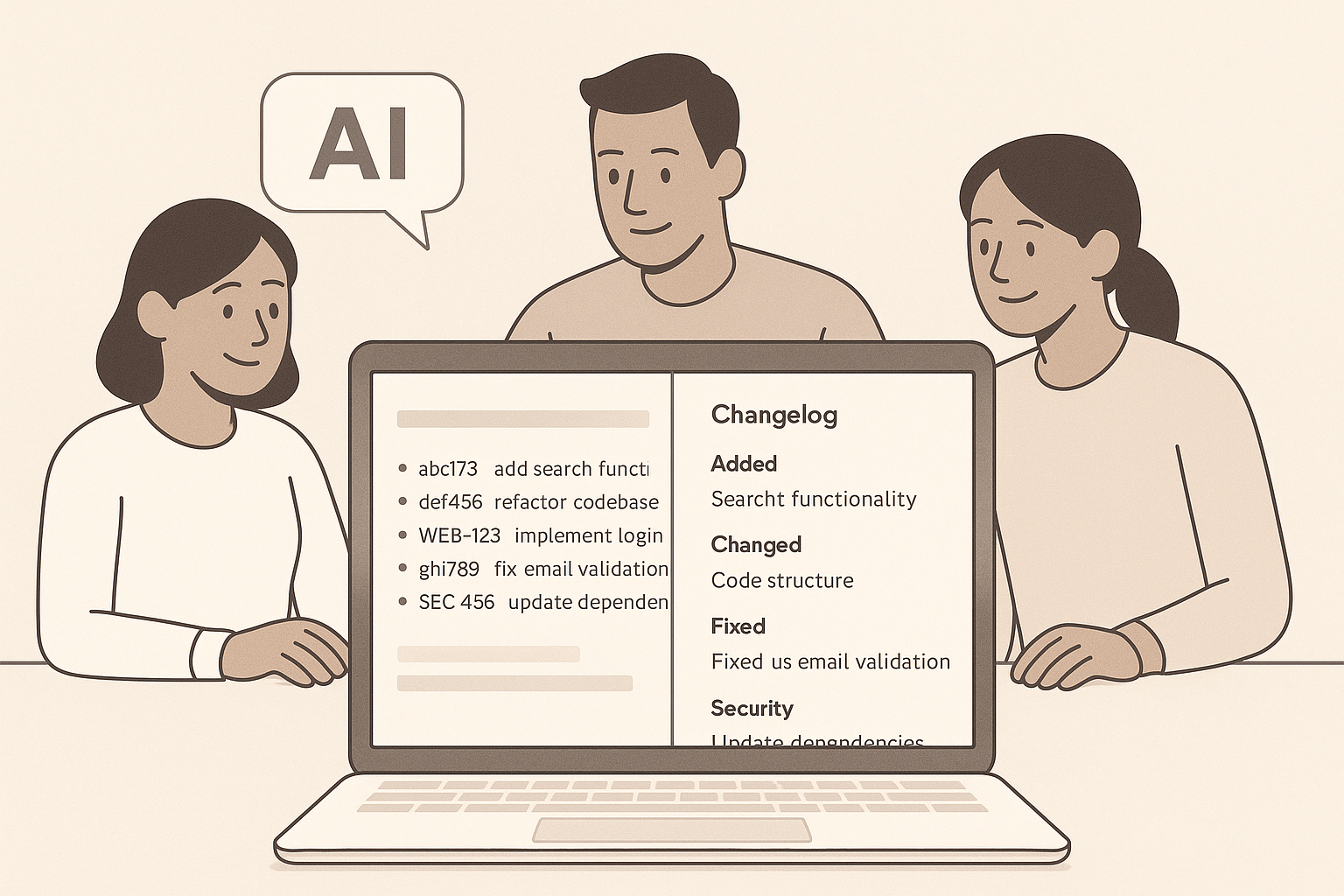 Minimalist illustration of AI helping a team write changelog updates