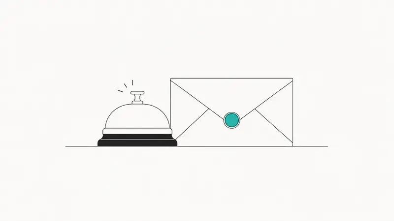 A ringing desk bell standing next to a sealed envelope, line illustration