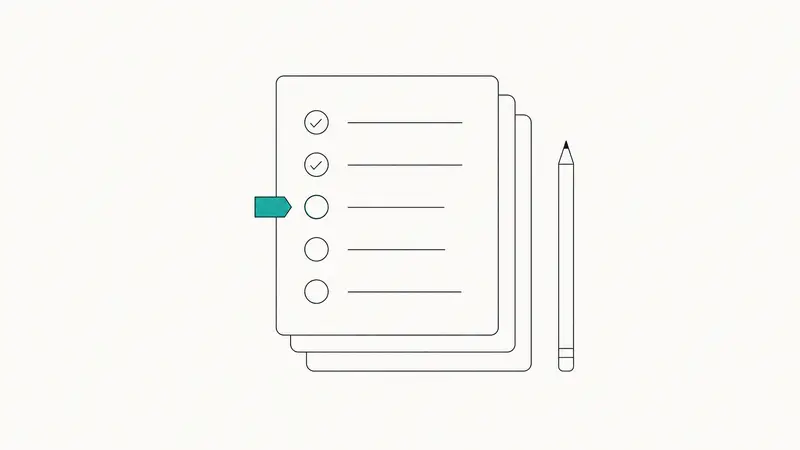 Stacked checklist with a teal sticky tab marking a step, clean light background