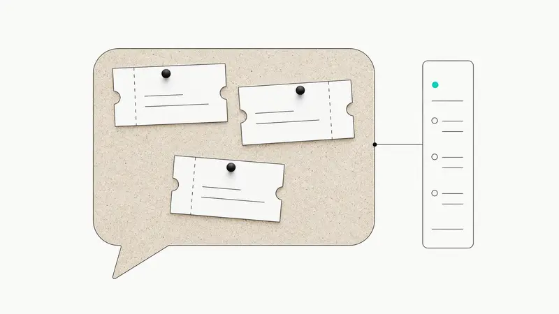 Customer feedback corkboard metaphor: paper tickets pinned to a chat-bubble corkboard with a slim info sidebar