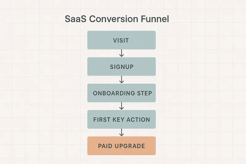 Minimal SaaS funnel from visit to paid upgrade with micro steps