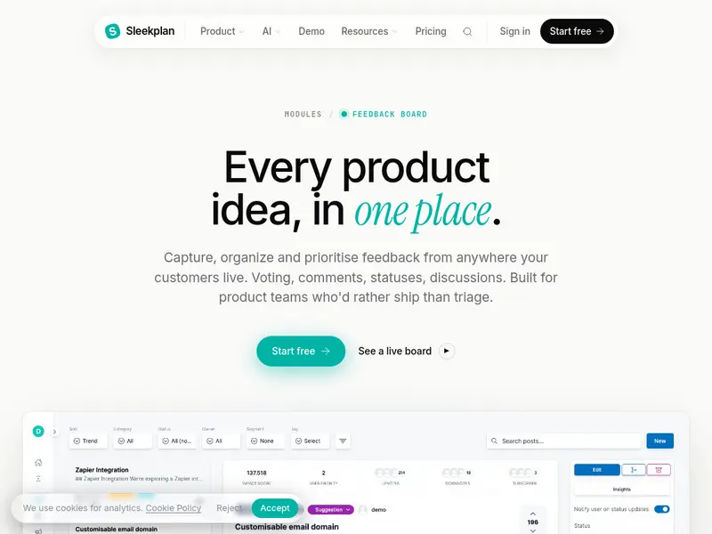Screenshot of the Sleekplan feedback product page showing the feedback board and voting features