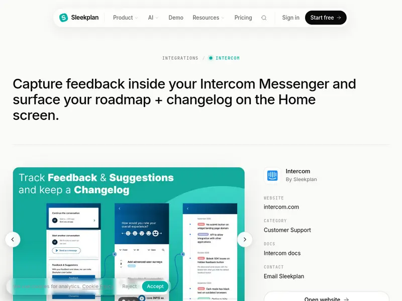 Screenshot of Sleekplan Intercom integration page showing Messenger embedding and agent-side features