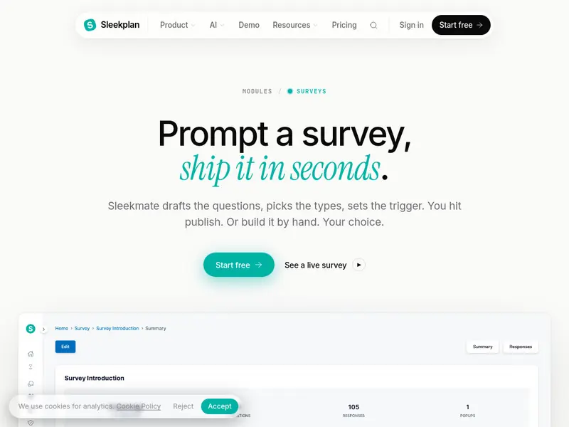 Screenshot of Sleekplan surveys product page showing survey features and AI prompts
