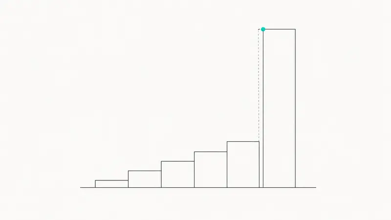 Five evenly rising steps drawn in fine black line art, followed by a sixth that jumps far higher, with a small teal dot marking the jump