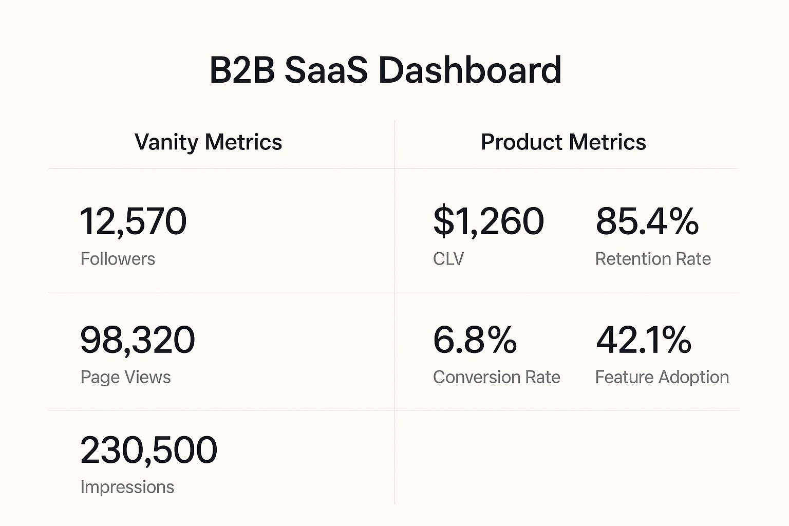 Dashboard showing vanity vs strategic metrics side by side